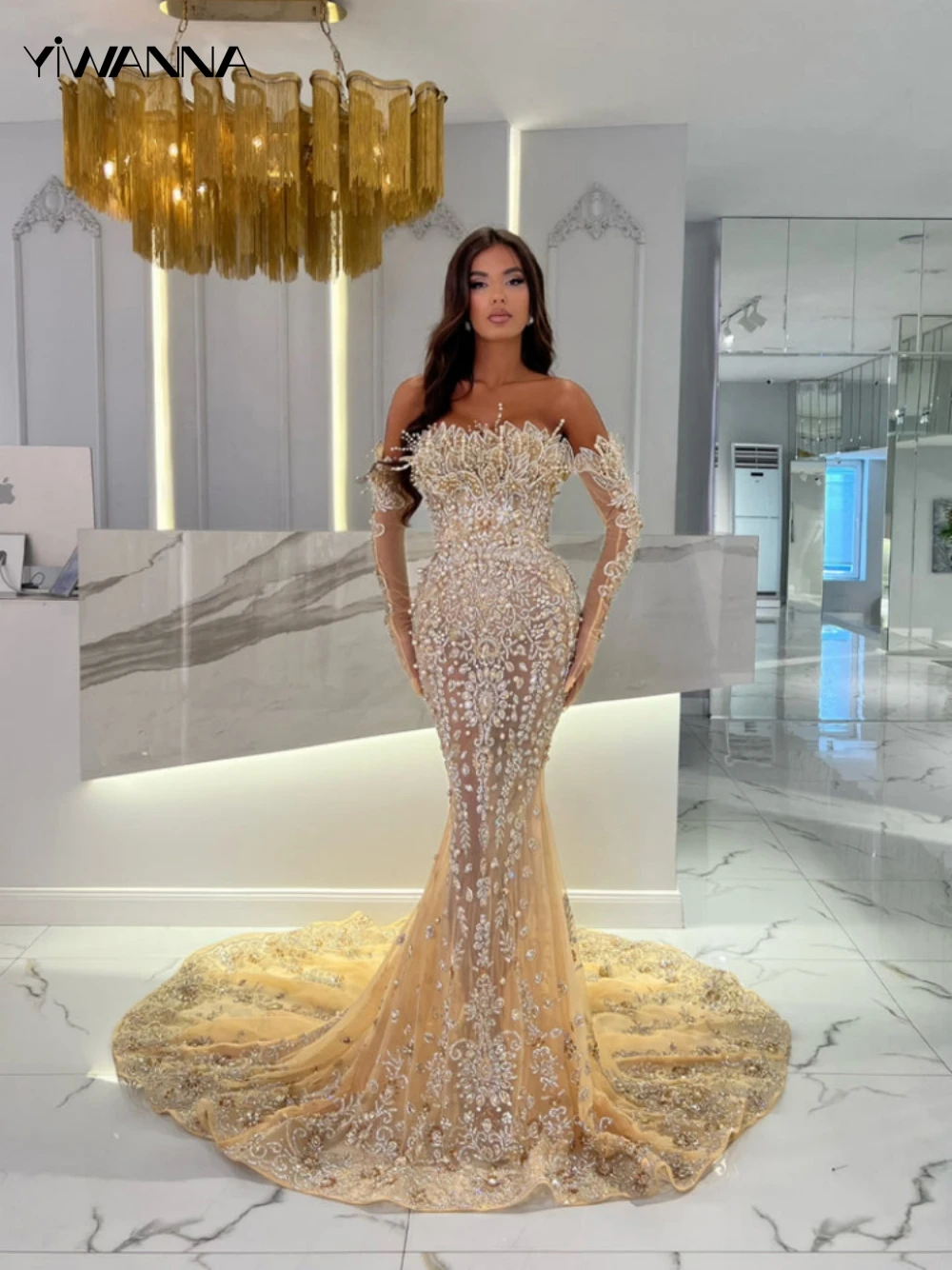 Elegant Off The Shoulder Evening Dress Sequined Crystal Beads Cocktail Gown Luxury Mermaid Prom Dress Customized Robe De Mariée