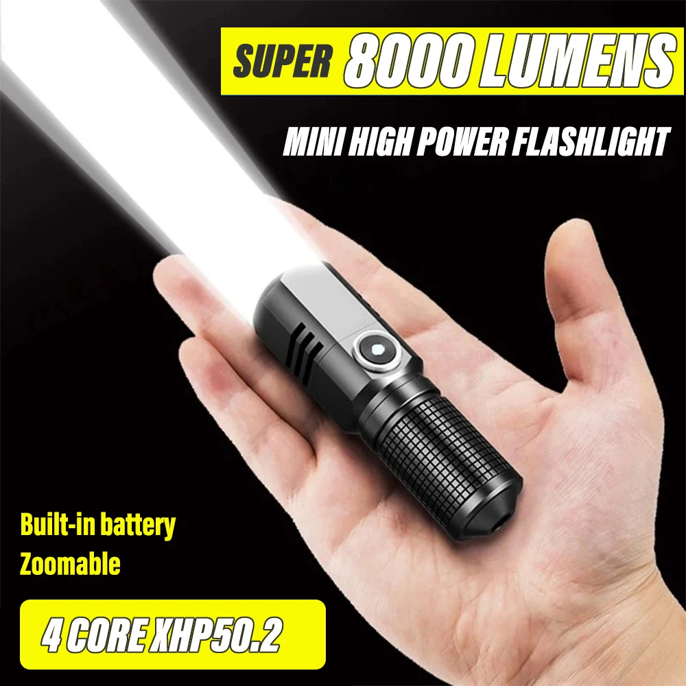 Super Bright MINI XHP50 LED Flashlight USB Torch Rechargeable Zoom Fishing Lantern Powerful 3 Lighting Mode Camping Lamp