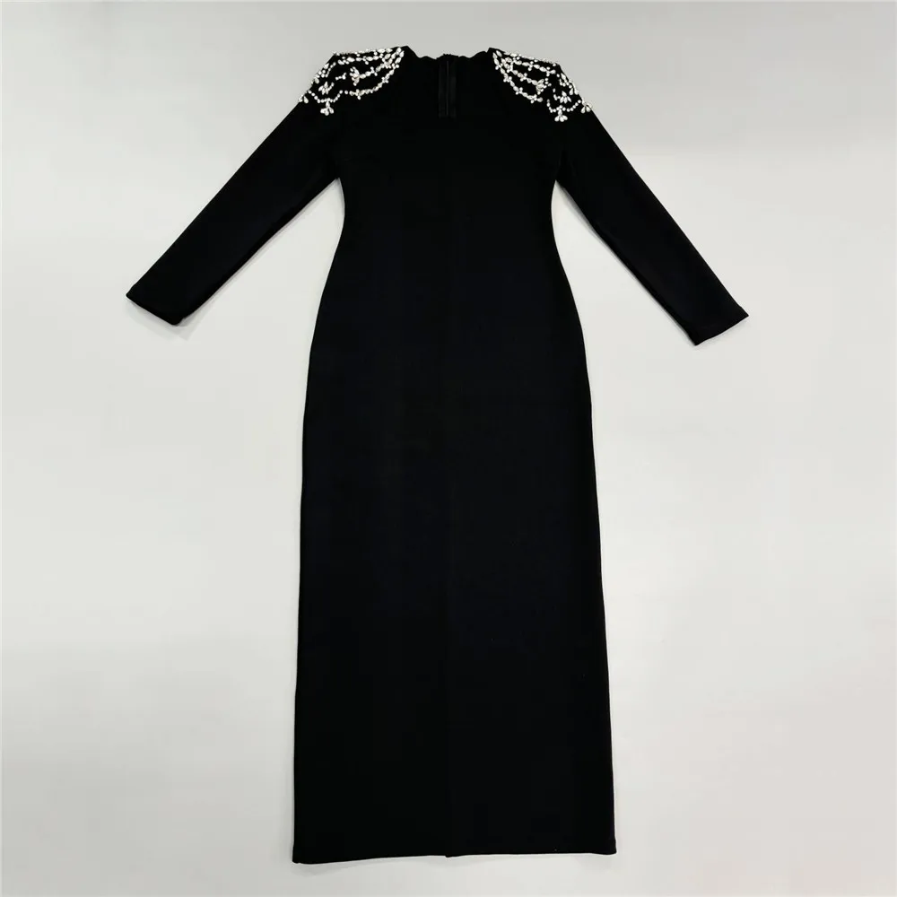 New Luxury Diamonds Tight Long Sleeve Triangle Neck Long Black Bandage Dress Women Wedding Evening Formal Gowns Party Dresses