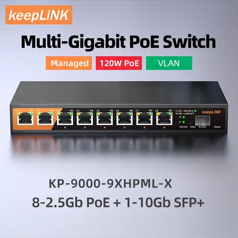 Switch géré multi-Gigabit KeepLink à 9 ports avec PoE de 8 à 2,5 Gbit/s et liaison montante SFP+ de 1 à 10 Go