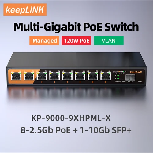 Conmutador administrado multigigabit de 9 puertos KeepLink con PoE de 8-2,5 Gbps y enlace ascendente SFP+ de 1-10 Gb