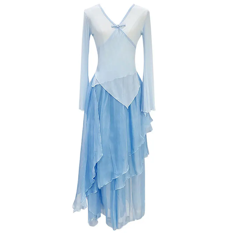 طقم رقص نسائي جديد من الشاش المتدفق، زي تدريب للرقص الصيني، أزياء أداء مسرحي بأسلوب عرقي، زي رقص كلاسيكي