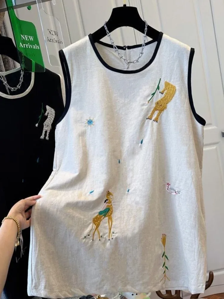 Heavy Embroidery Sleeveless Vest Dress Women's Summer Casual Loose Midi Length Linen Top Comfortable Breathable Fashionable
