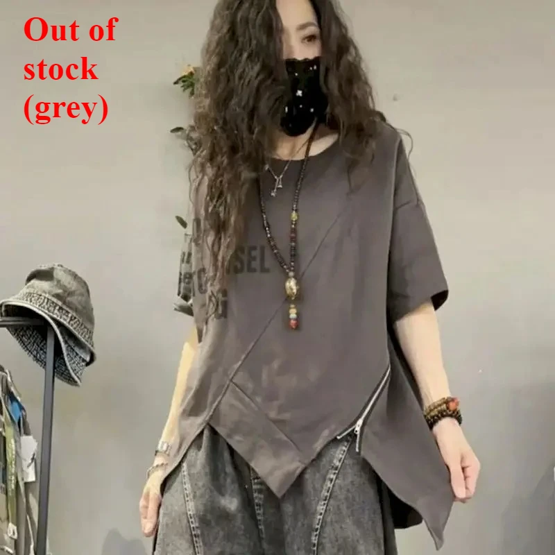 Summer Trend T-shirts Women Fashion Letter Print Zipper Design T Shirt Fashion Irregular Short Sleeve Tops Loose Thin Tshirt Y2k
