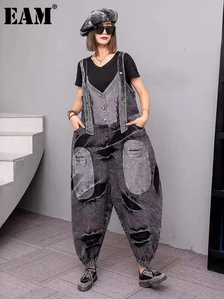 

[EAM] High Waist Gray Color-block Denim Big Size Overalls Pants New Trousers Women Fashion Tide Spring Autumn 2024 1DH5269