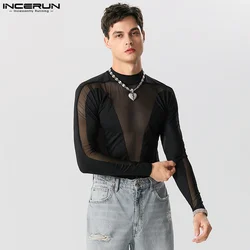 Sexy Stylish Bodysuits INCERUN Mens Homewear O-Neck Mesh Splice Bodysuits Casual Solid Long Sleeve Thin Triangle Jumpsuits S-5XL