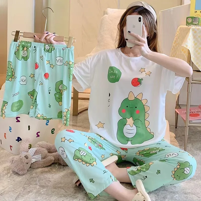 Women Three-piece Set Senior sense Pajamas Print Sleepwear Set Young Girls   Round Neck Short Sleeved Top Loungewear Homewear