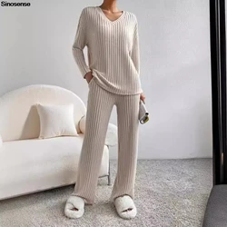 Womens Autumn Ribbed Knit Lounge Set V Neck Long Sleeve Sweater And Long Pants Sleepwear Pajama Set Casual Two 2 Piece Outfits