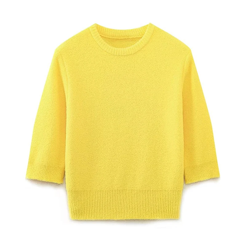 Women O Neck Short Sleeve Yellow Soft Touch Knit Crop Sweater Autumn Tops