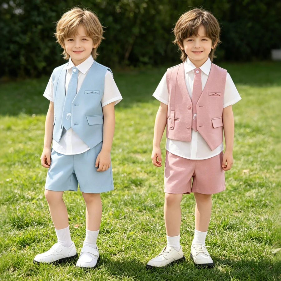 Toddler Boys Summer Formal Suit Set Kids Gentleman Outfit for Wedding Ring Bearer Birthday Party Short Sleeve Shirt Vest Shorts