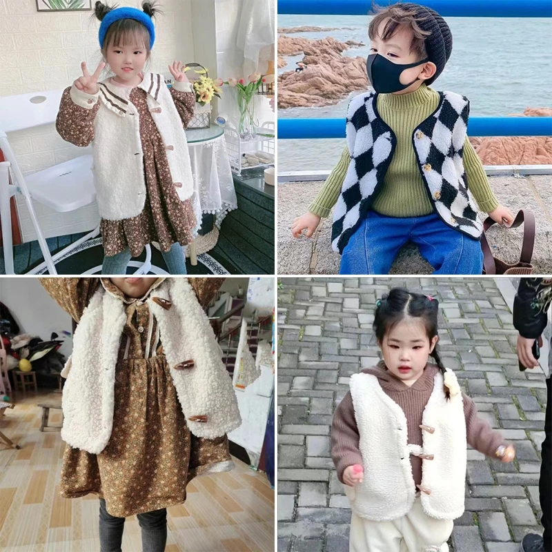 Autumn Winter Baby Lamb Wool Waistcoat Girls Boys Plush Vest Single Breasted V Neck Child Warm Fashion Warm Coat