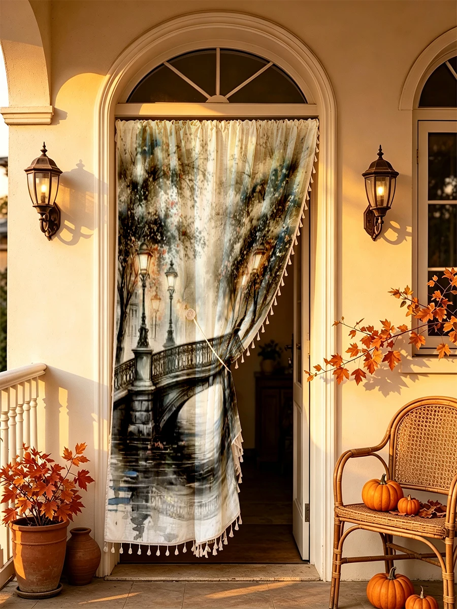 1PC Vintage Tassel Sheer Curtains, Vintage Bridge, Digital Print, Polyester, Bedroom Living Room, Rod Pocket Home Decor
