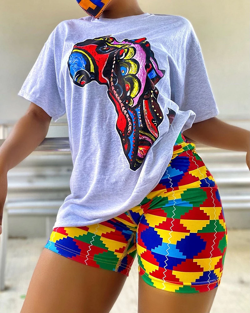 Print Shorts Suits Women Vintage short sleeve Shirt And Short Pants Suit Two Piece Set Female Casual Outfit