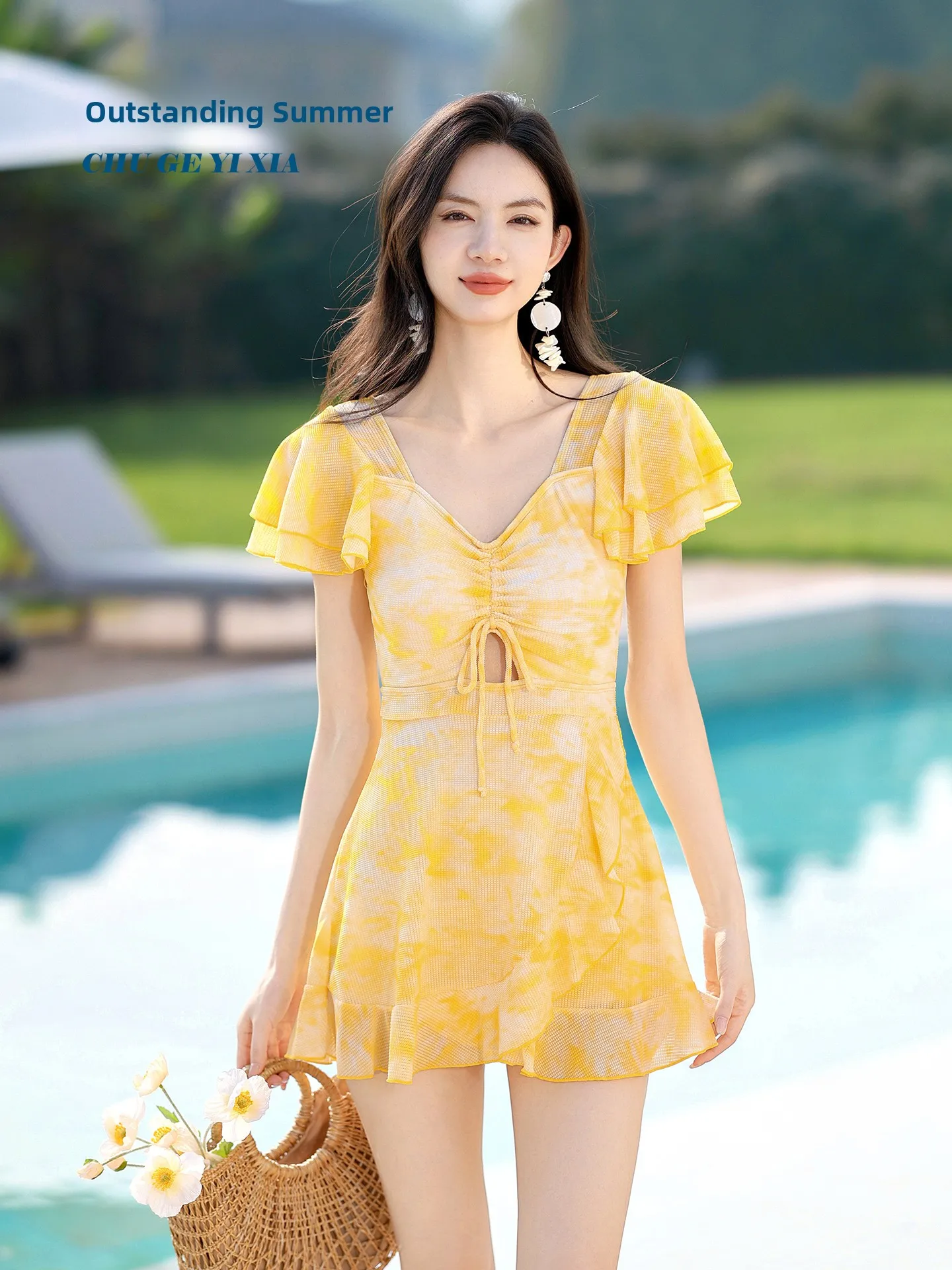 

Купальник Vaion Sle для женщин, корректирующий, желтый, для горячих источников, с V-образным вырезом, с принтом, для похудения