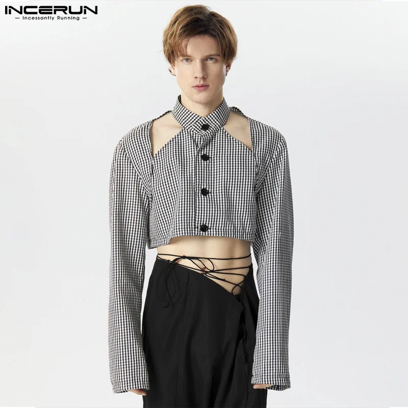 

INCERUN Tops 2024 American Style Fashion Men Plaid Design Suit Jackets Casual Party Shows Male Cropped Long Sleeved Blazer S-5XL