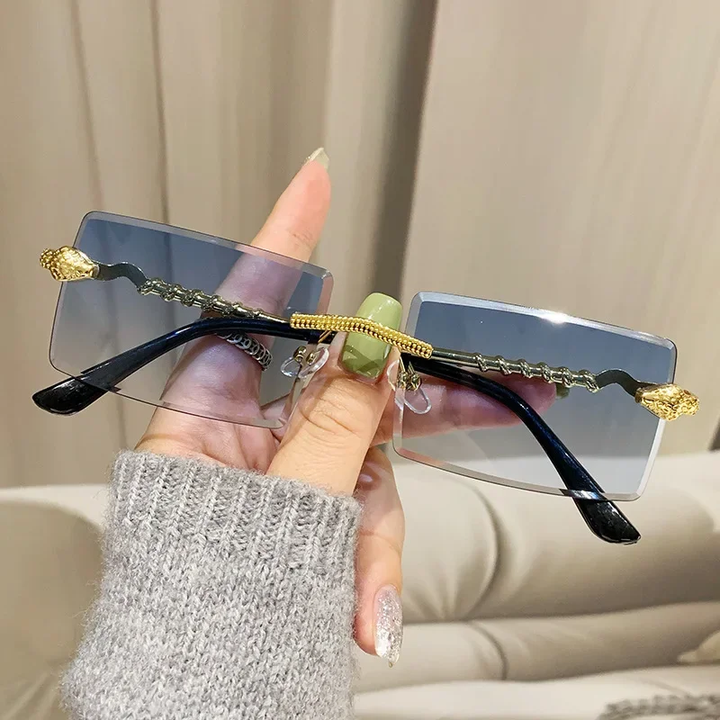 Luxury Women Rimless Square Frame Sunglasses Trendy Twisted Snake Leg Gradient Shades for Men Luxury Fashion Anti-UV Eyewear