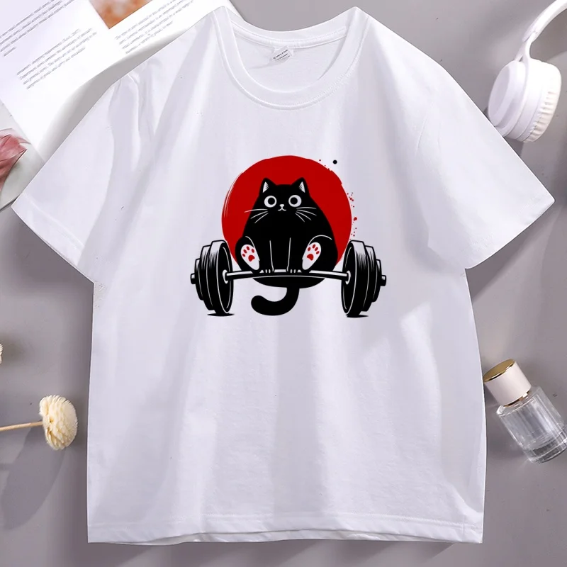 Funny Black Cat Gym T Shirt Men Women Causal Round Neck Printed Tshirt Short Sleeve Streetwear T-shirts Clothing