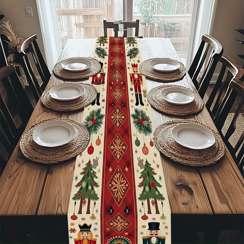 1pc Festive Christmas Table Runner with Nutcrackers Pine Trees & Ornaments, Durable Polyester Easy‑Clean Seasonal Table Accessor