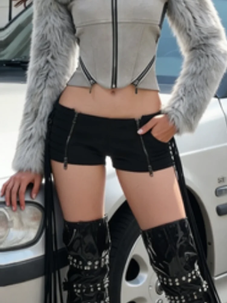 Nibber Coquette Shorts Dames Sexy Kwastje Onregelmatige Wilde Hottie Zip Patchwork Stretch Skinny Muziekfestival Middernacht Streetwear