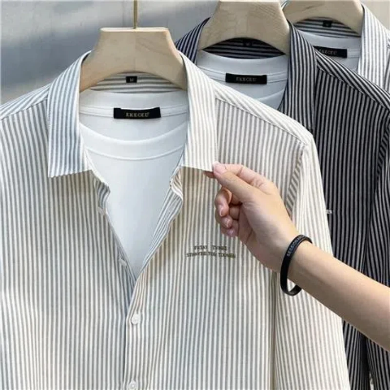 Spring Autumn New Fashion Turn-down Collar Long Sleeve Striped Blouse Men\'s Clothing Loose Korean Button All-match Trend Shirts