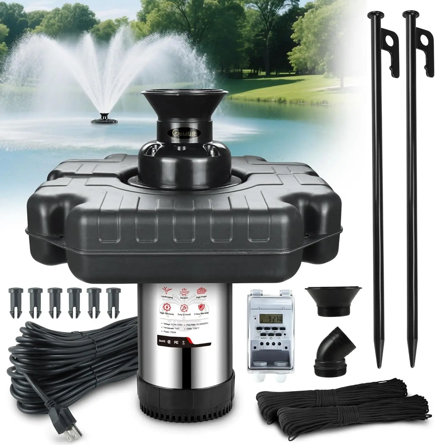 

Pond Fountain Aerator, Stainless Steel Floating Fountain With 100 FT Power Cord, Octagon Aerating Fountain Pump·New Popularity