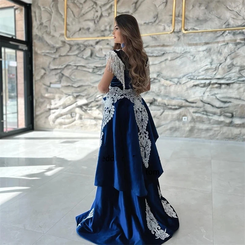 Caftán marroquí azul, vestidos de noche formales, apliques de terciopelo de sirena, mangas casquillo, vestidos de graduación, vestidos de fiesta