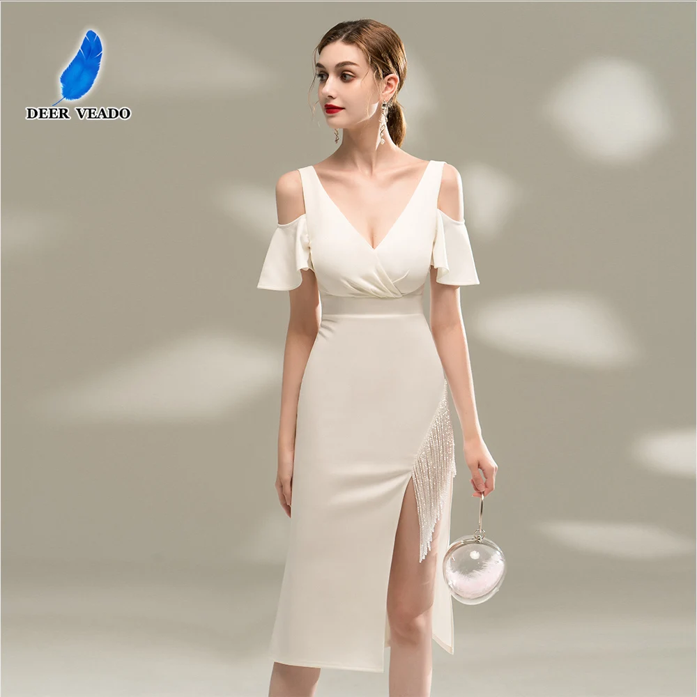 

DEERVEADO 5 Colors Women's Elegant Short Evening Dresses with Beads Off Shoulder Cocktail Party Dresses Formal Occasion Dress