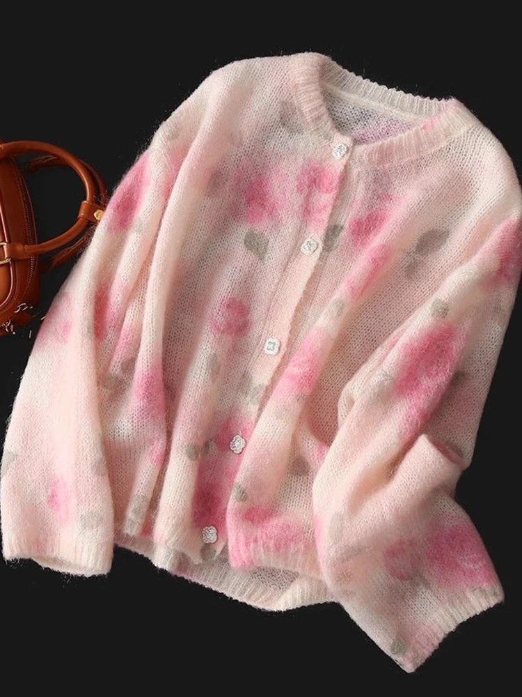 เสื้อคาร์ดิแกนไหมพรมลายดอกไม้สุดหรูสำหรับผู้หญิง แขนยาว สไตล์วินเทจ ทรงหลวม คอโอ ติดกระดุมแถวเดียว เหมาะสำหรับฤดูใบไม้ร่วง