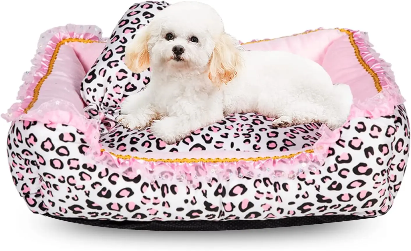 

Cute Pink Leopard Pet Sofa Bed - Washable Square Design for Small Dogs & Cats, Cozy Indoor Nest (M Size)