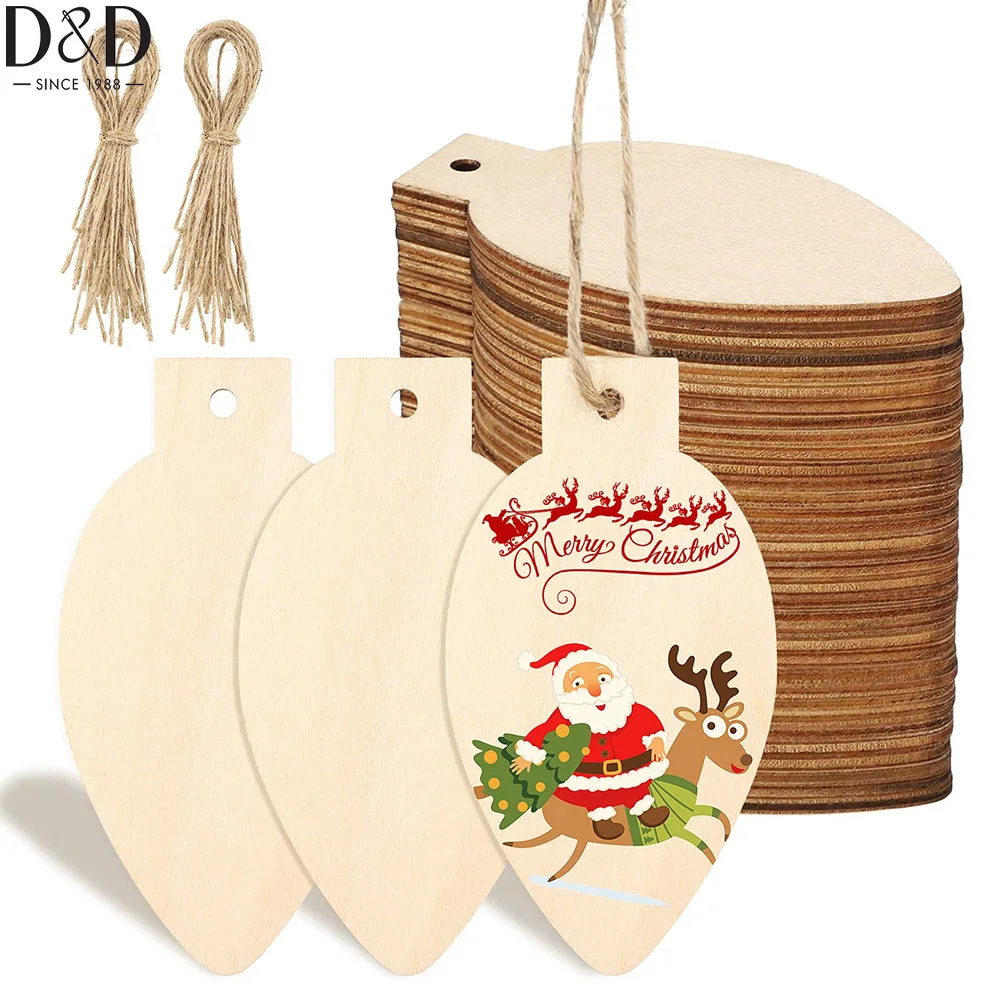 

D&D 50pcs Christmas Unfinished Wooden Light Bulb Wooden Slices Blank Christmas Wooden Hanging Decorations with Rope