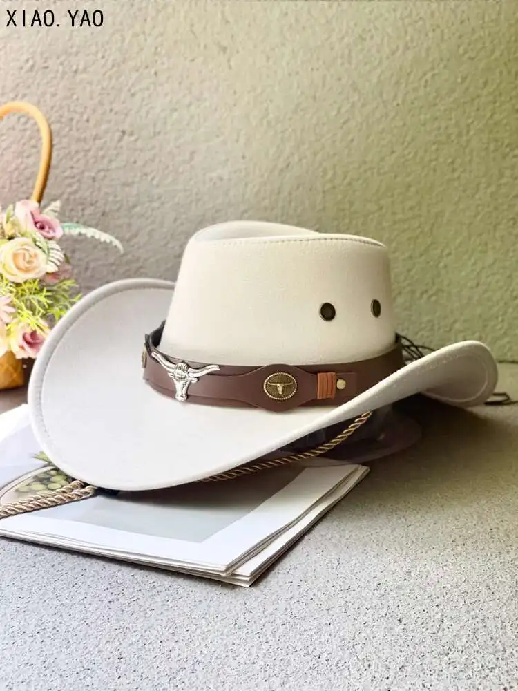 

Off White Western Cowboy для мужчин и женщин, весенние и летние прогулки на открытом воздухе, солнцезащитные шляпы для верховой езды, кожаные ремни с коровьей головой,