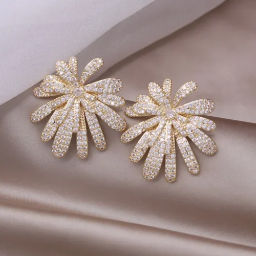 한국 패션 쥬얼리, 14K 금 도금, 과장된 지르콘 불꽃 귀걸이, 우아한 여성 웨딩 파티 액세서리, 새로운 디자인 