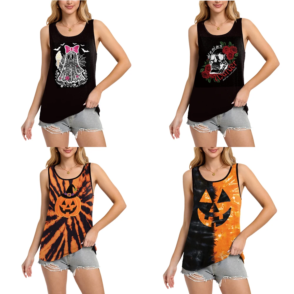 

Костюмы на Хэллоуин с черепами, женская майка без рукавов, повседневная женская футболка, женская одежда с принтом тыквы, жилет, топы