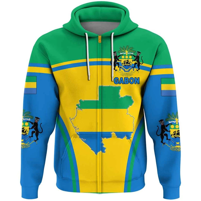 3D Print Gabon Flag ZipHoodie Men Gabonese National Flag Long Sleeve Pullover Sweatshirt Autumn Spring Tops Coat African Clothes