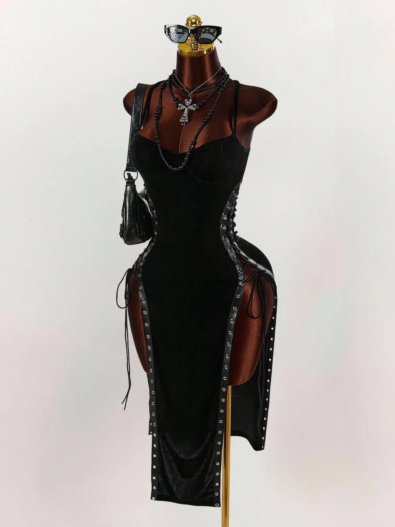 

Черное облегающее платье миди на тонких бретелях с боковой шнуровкой и разрезом, сексуальная одежда для вечеринок для женщин