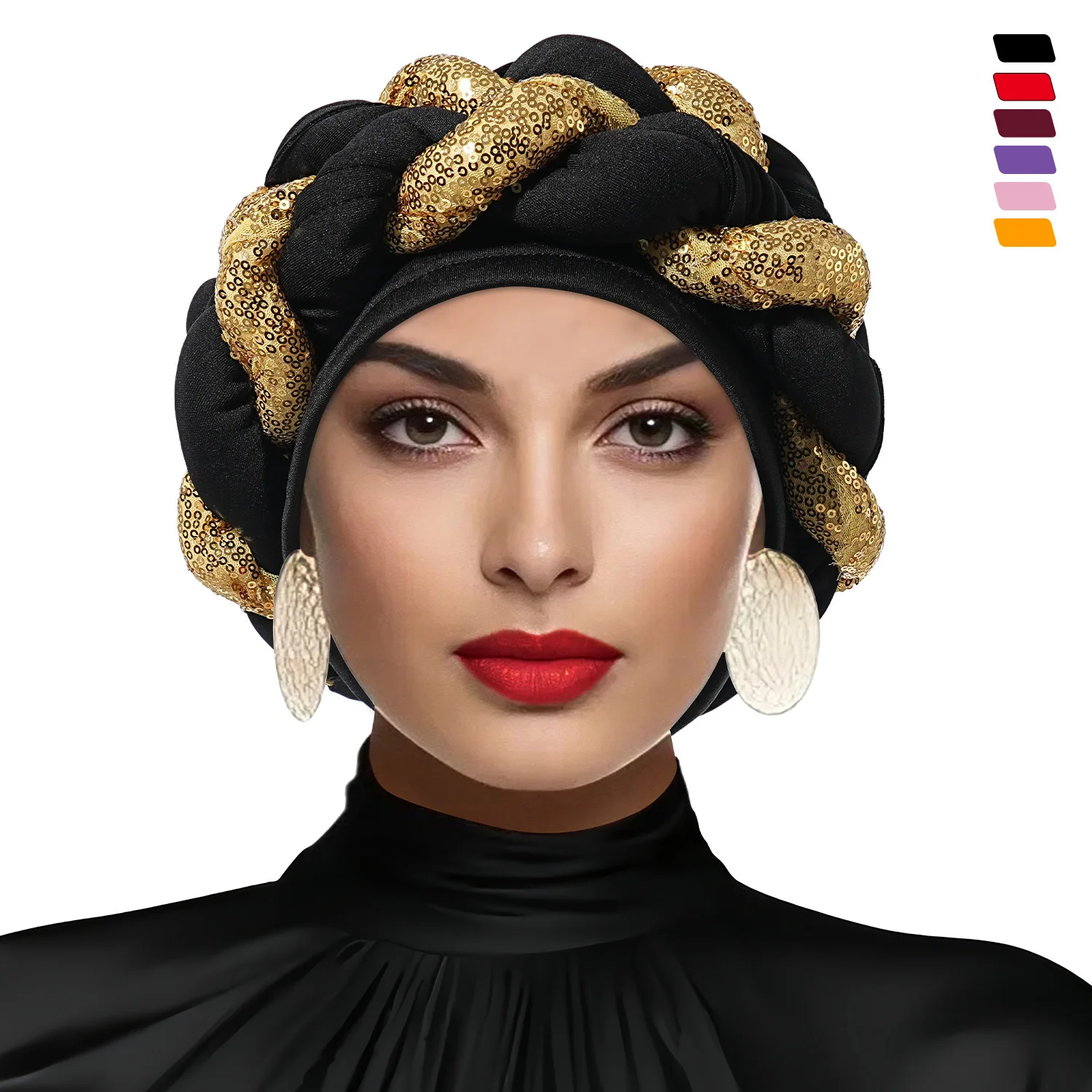 

2025 Sequins Braid African Female Head Wraps Bonnet Nigeria Already Made Headtie Turban Cap for Elegant Women Auto Gele Headgear