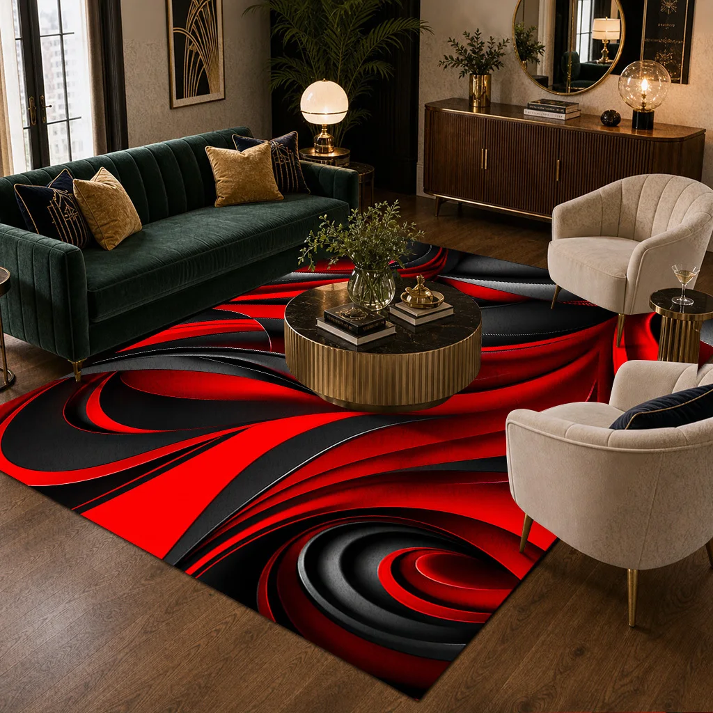 Velvet oversized rug with a red and black swirl pattern – the perfect choice for modern home decor. This European-style, court-inspired, vintage Persian velvet rug creates a warm and inviting atmosphere. Ideal for decorating entryways, patios, porches, an