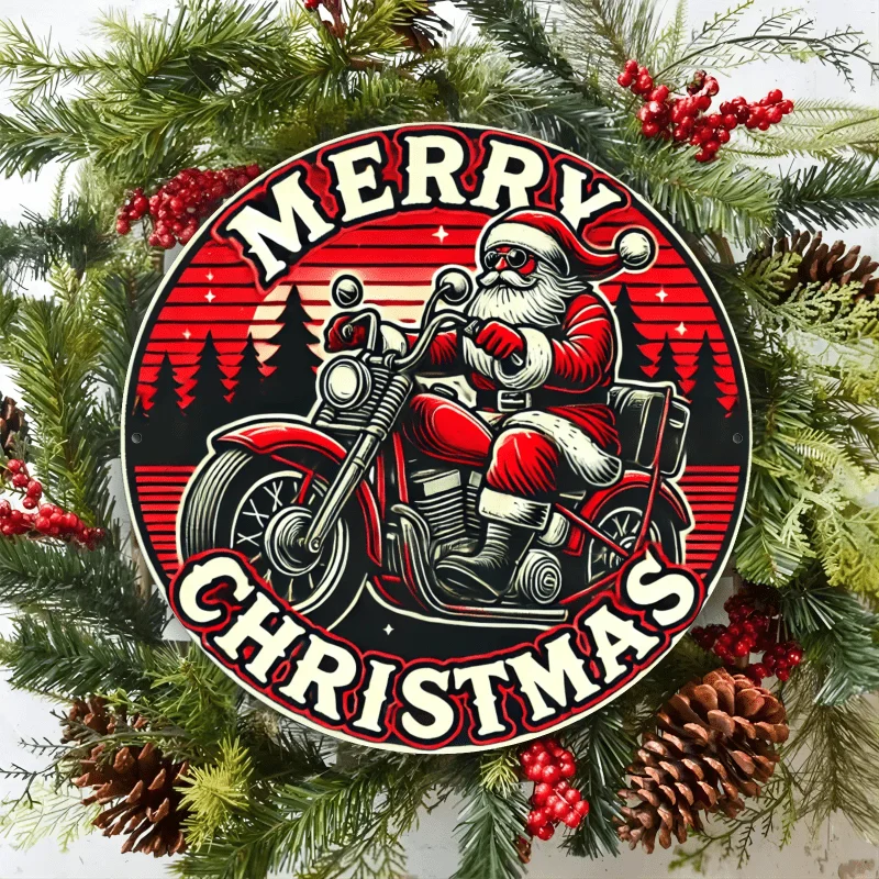 2D Flat - Vintage Christmas-Themed Motorcycle Wall Art. 8X8 Inches (20X20 Cm), 2D Round Aluminum Sign Metal Wall Plaque, Festive