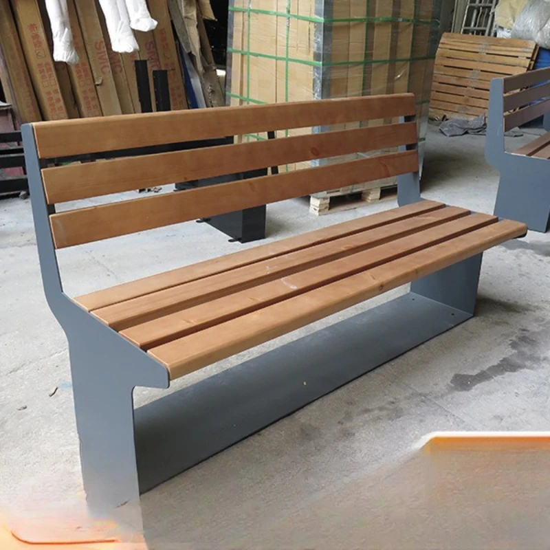 

Outdoor metal bench square public leisure seat community camphor wood backrest park chair