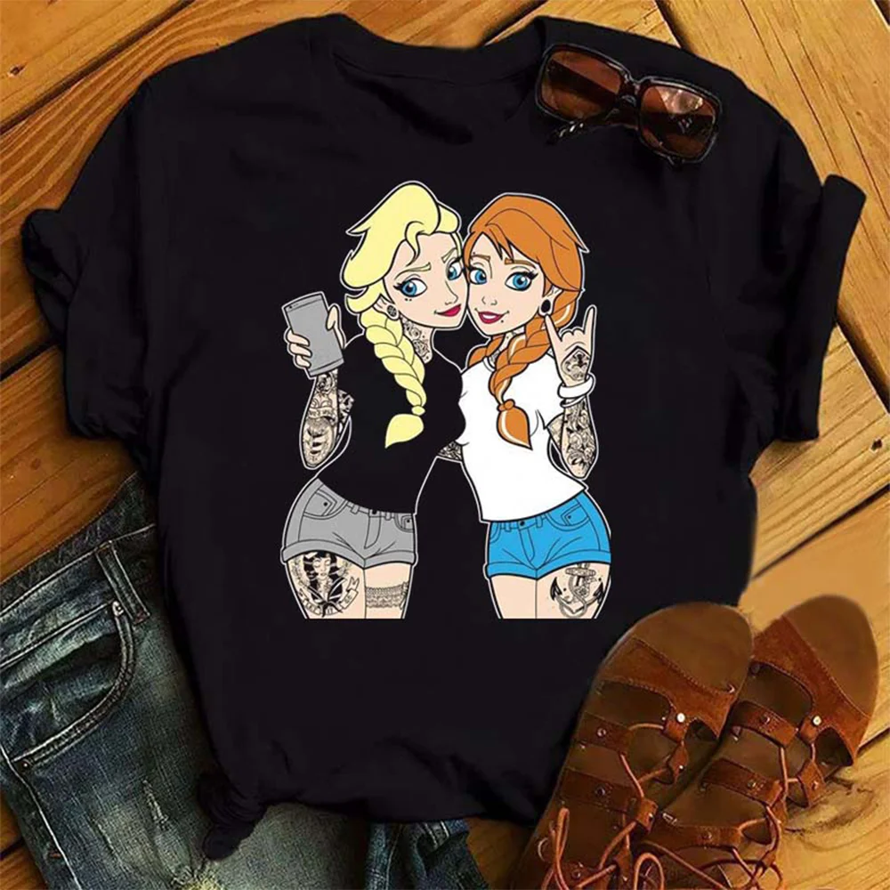 

Kawaii Disney Princess Flat Cartoon Fun Printed Cotton T-shirt For Couples Cute And Fashionable Summer Y2k Insect Loose Top