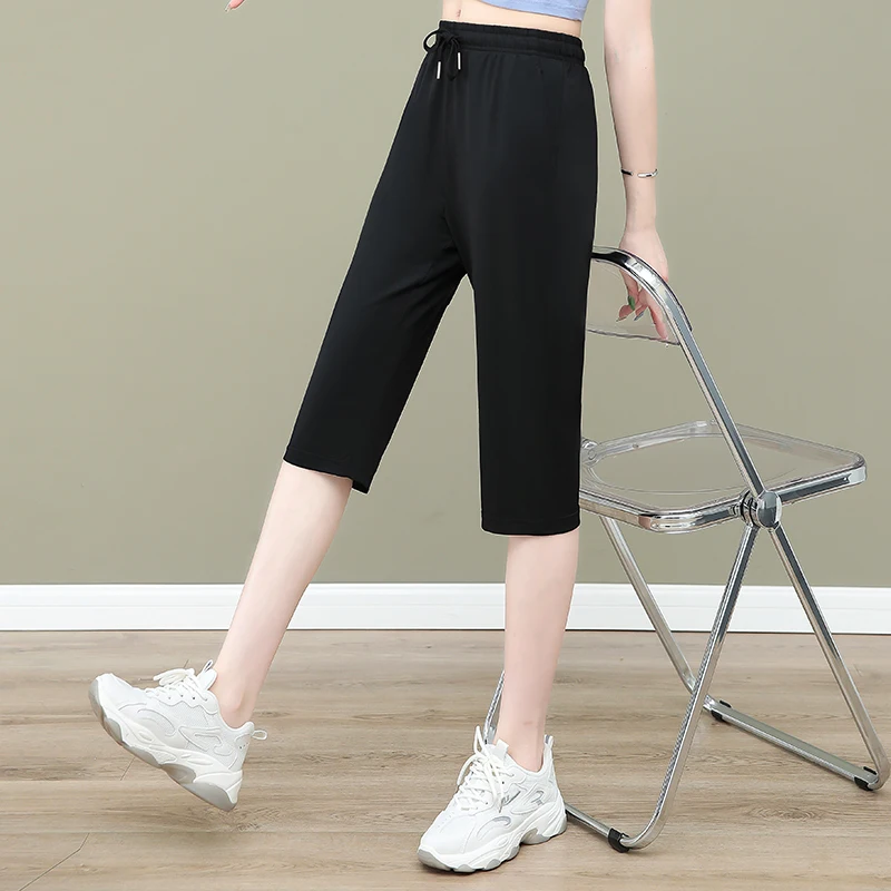 New Women'S Loose Summer Thin Running Sports 7-Point Trousers Fashion Versatile Casual Ice Silk Quick Drying Haren Pants Female