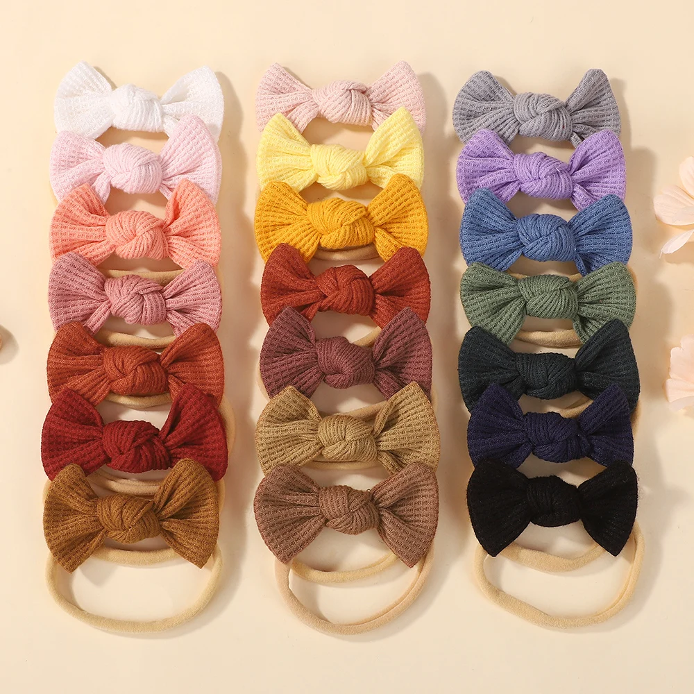 Zufällige Farbe, 20 Stück, einfarbig, Bonbon-Schleifen-Stirnband für Kinder und Mädchen, niedliche Baumwollschleife, Nylon, elastisches Haarband, Haar-Accessoire