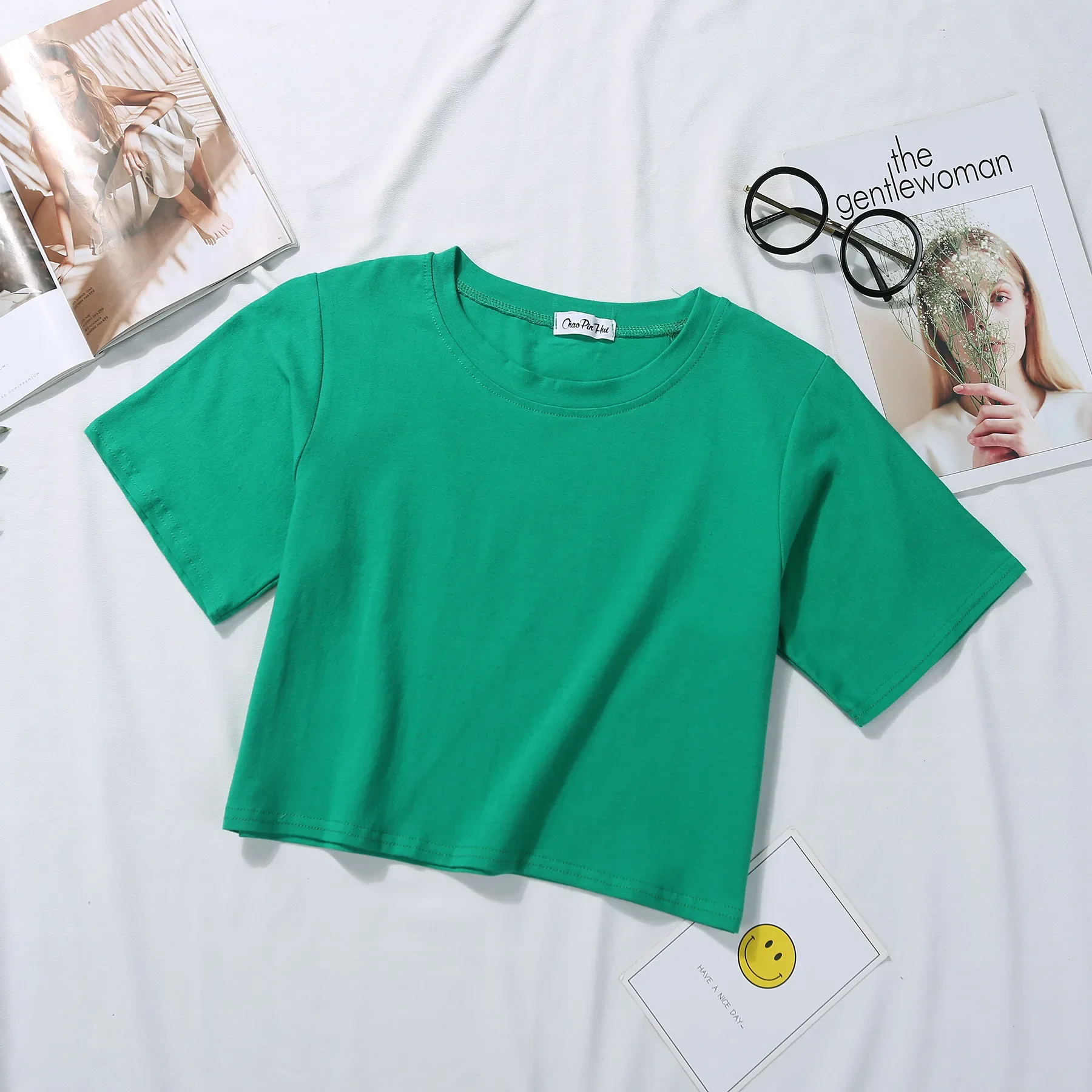 2025 Summer Short Sleeve T Shirts Women Cotton Solid T-shirt  O Neck High Waist Crop Top Tee Female Casual Loose  T Shirt