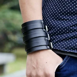 Fashion Black Brown Punk Wide Leather Bracelet Guard Wristband Vintage Adjustable Gothic Punk Male Bracelet Punk Rock Jewelry