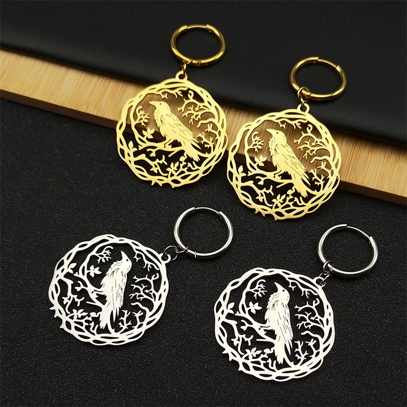 Gothic Black Crow Tree Of Life Bird Dangle Earrings For Women Men Stainless Steel Raven Animal Plant Jewelry Party Gift ZZZ955