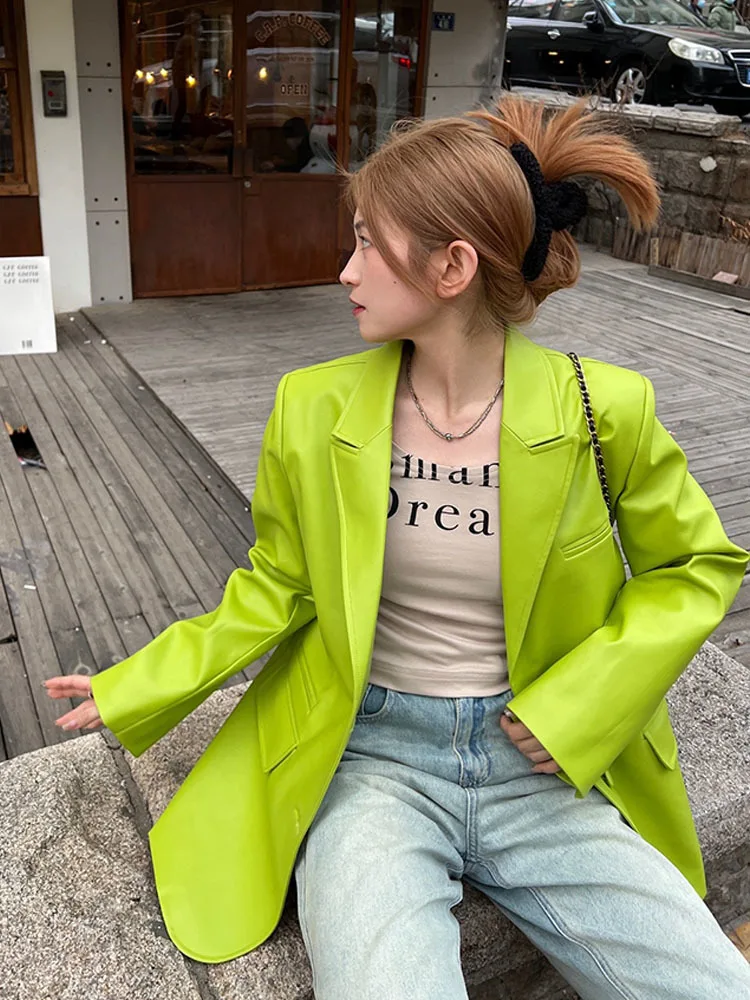 New Casual Fluorescent green Pu Leather Jacket Women Loose Leather Blazer Coats Spring 2023