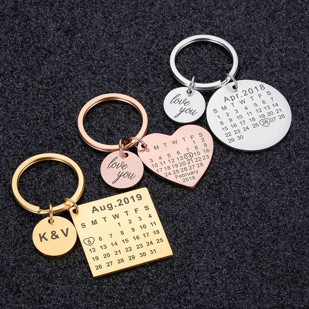 Personalized Calendar Keychain Custom Stainless Steel Keyring Anniversary Wedding Valentine Gift for Women Men Boyfriend Husband