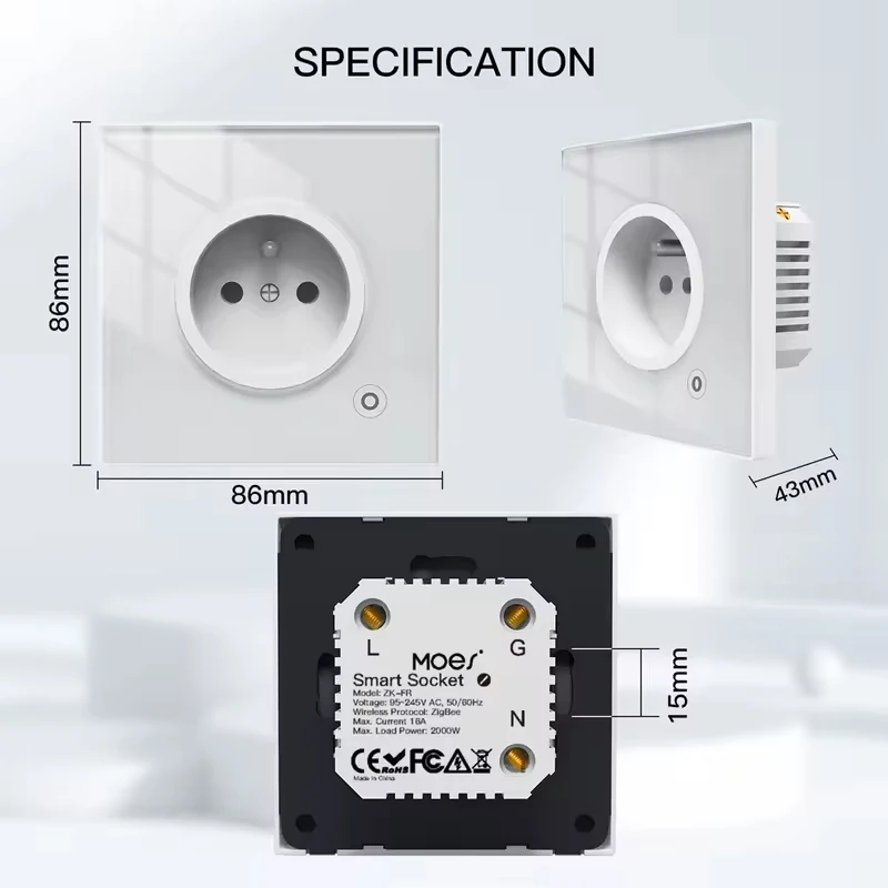 MOES 16A Tuya WiFi/ZigBee Smart Socket ,EU Wall Glass Panel Outlet Smart Plug Energy Monitor SmartLife App For Alexa Google Home