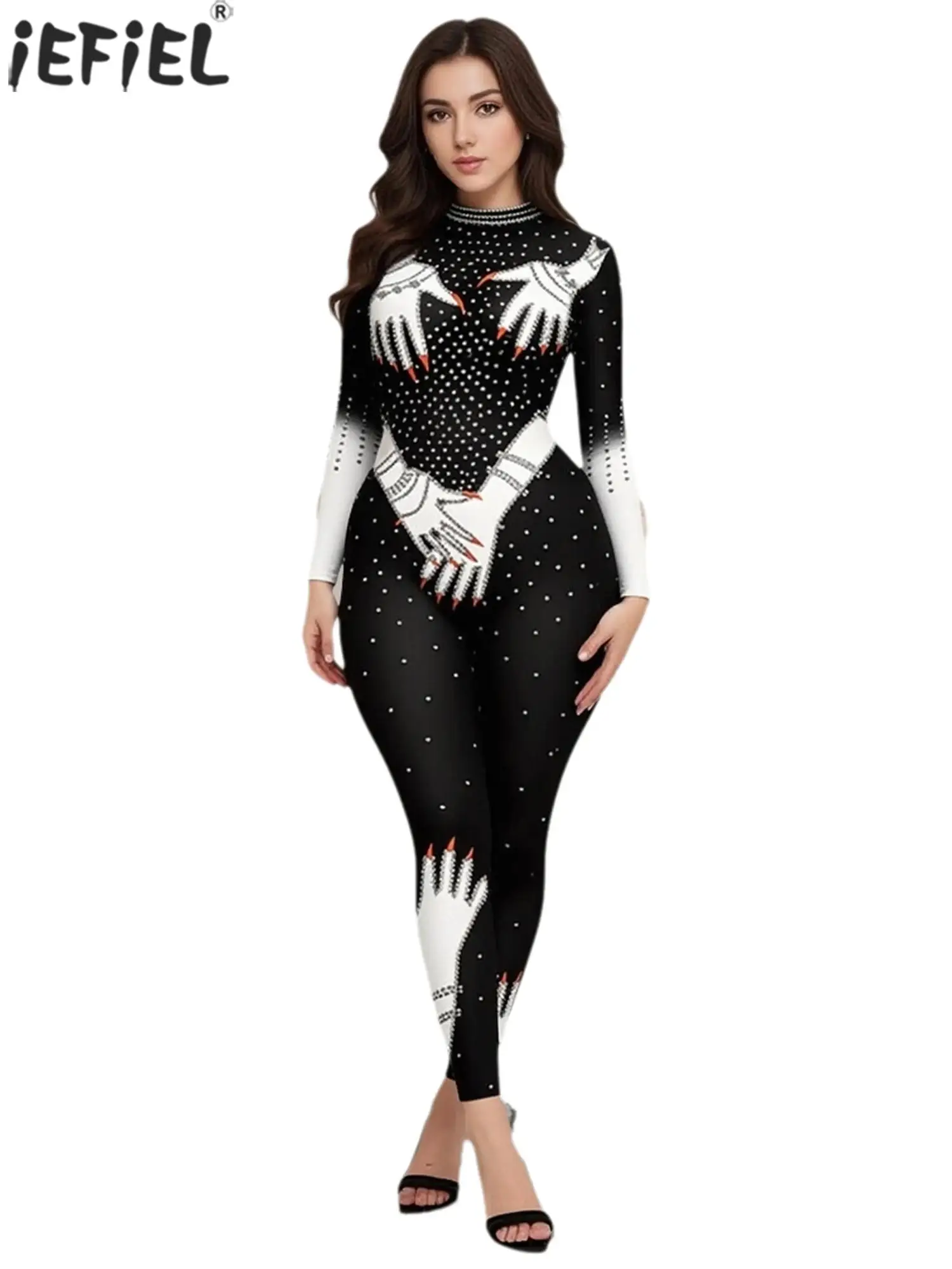 

Women Rhinestone Stylish Hands Print Jumpsuit Long Sleeve Bodycon Pencil Pant Rompers for Nightclub Fancy Dress-up Dance Leotard