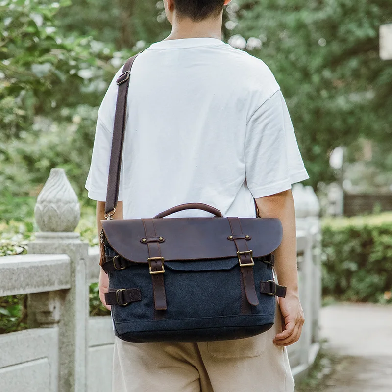 شيك حقيبة ساعي قماش براون الجلود تقليم مشبك إغلاق سعة كبيرة خمر حقائب كتف كروسبودي للاستخدام غير الرسمي للرجال #1